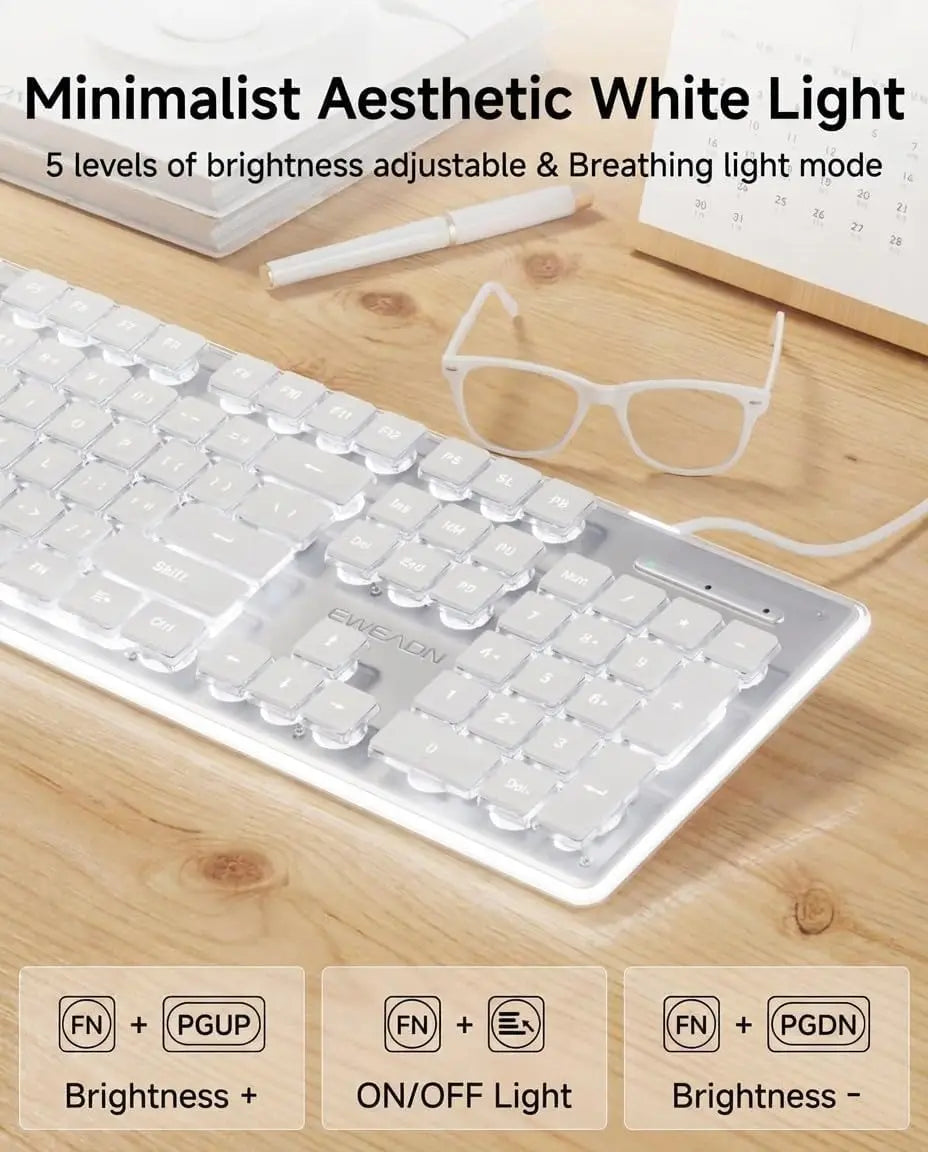 Wired USB Keyboard with White Backlit Metal Panel Pudding Keycaps Full Size Quiet Computer Keyboard for Windows PC Laptop Gamer