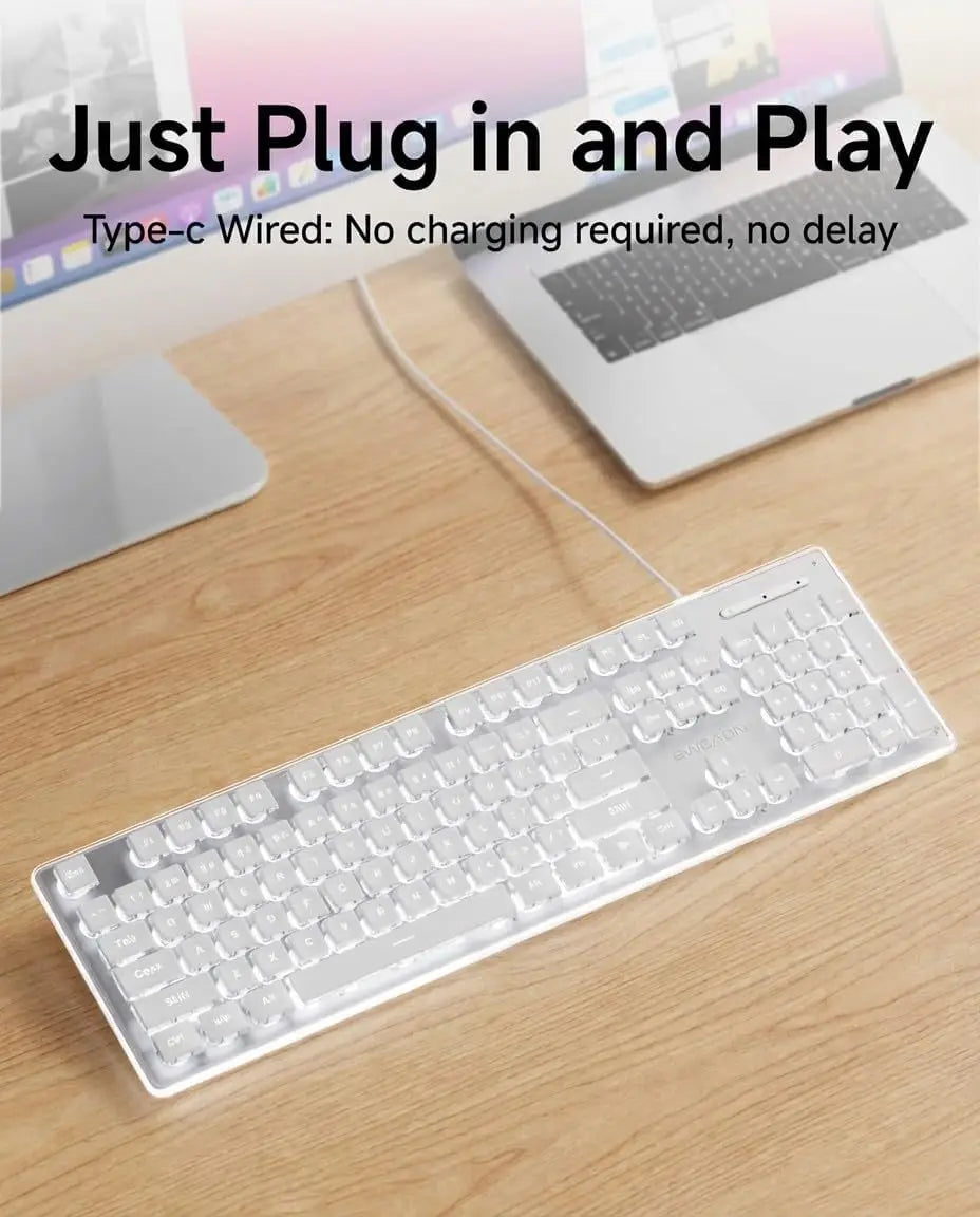 Wired USB Keyboard with White Backlit Metal Panel Pudding Keycaps Full Size Quiet Computer Keyboard for Windows PC Laptop Gamer