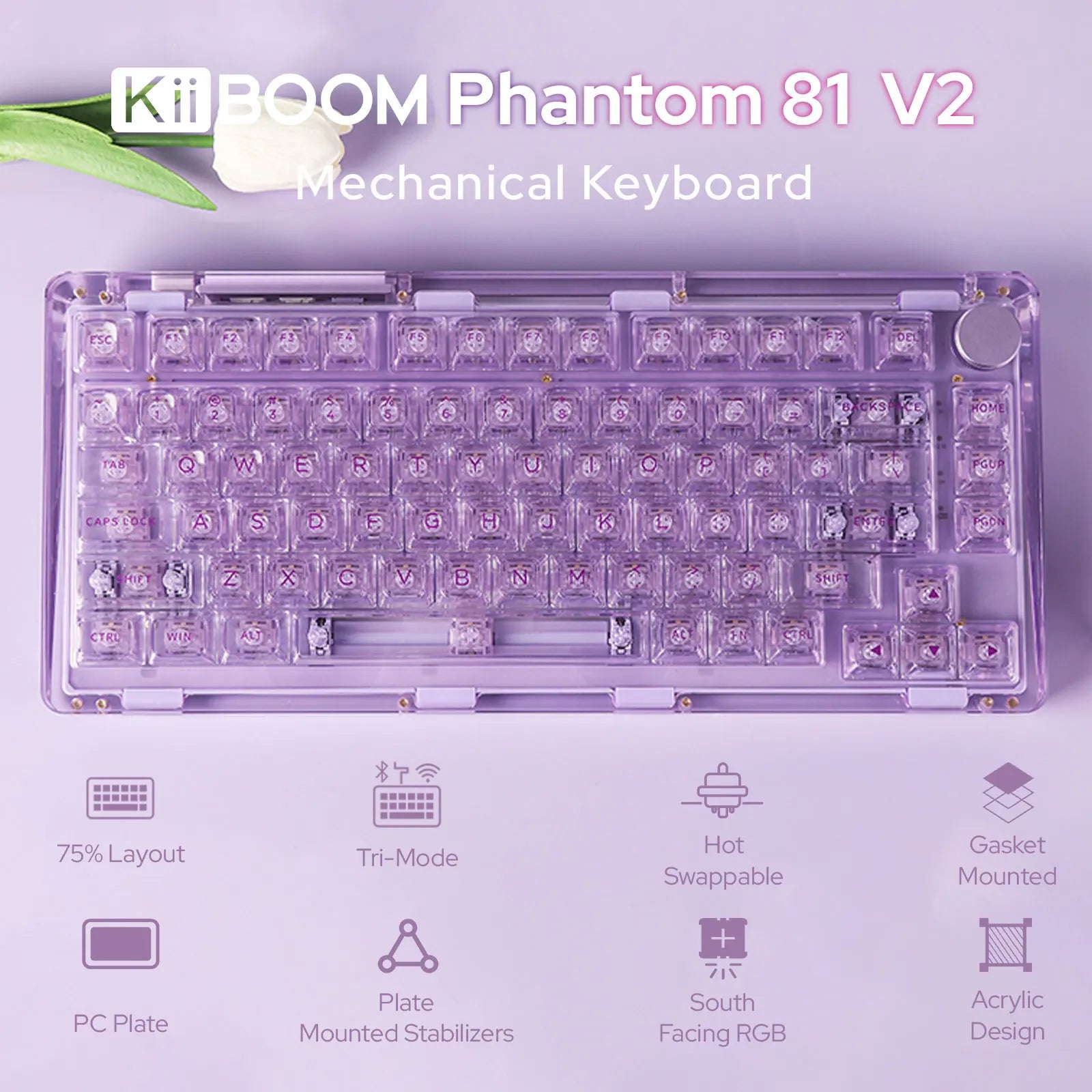 KiiBOOM Phantom 81 V2 Upgraded Crystal Gasket-Mounted Wired/Bluetooth5.0/2.4GHz Wireless Hot-Swappable Mechanical Keyboard