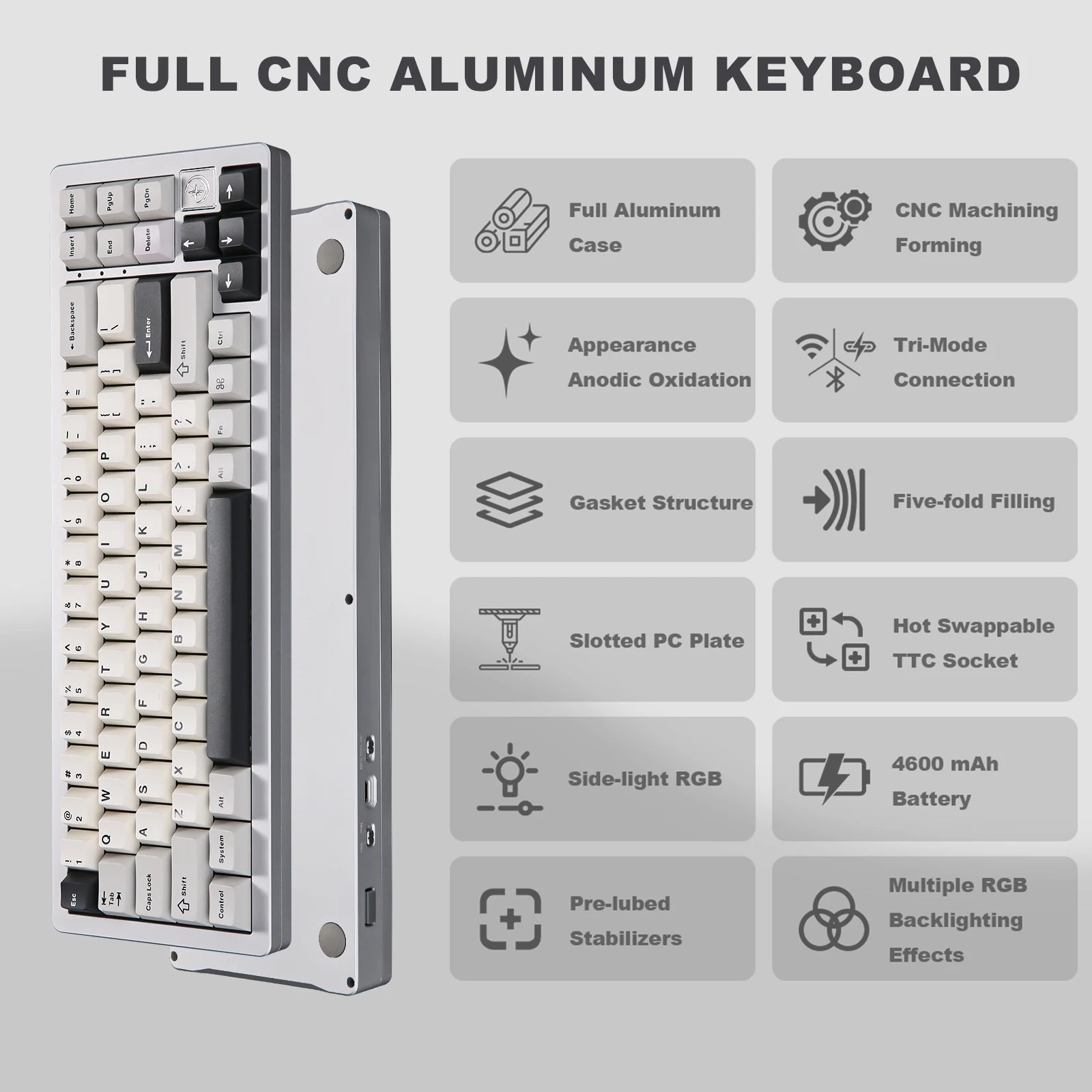 YUNZII AL71 Silver CNC Aluminum Mechanical Keyboard, Hot Swap 71-Key Wireless Gaming Keyboard, Compact Gasket Mac&Win Keyboard