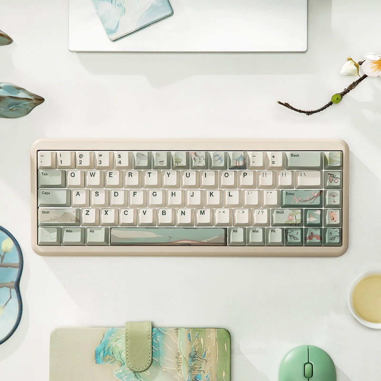 YUNZII Spring Tea 145 Full-Key Dye Sub PBT Custom Keycap with Key-Puller for Cherry Gateron MX Switch Mechanical Gaming Keyboard