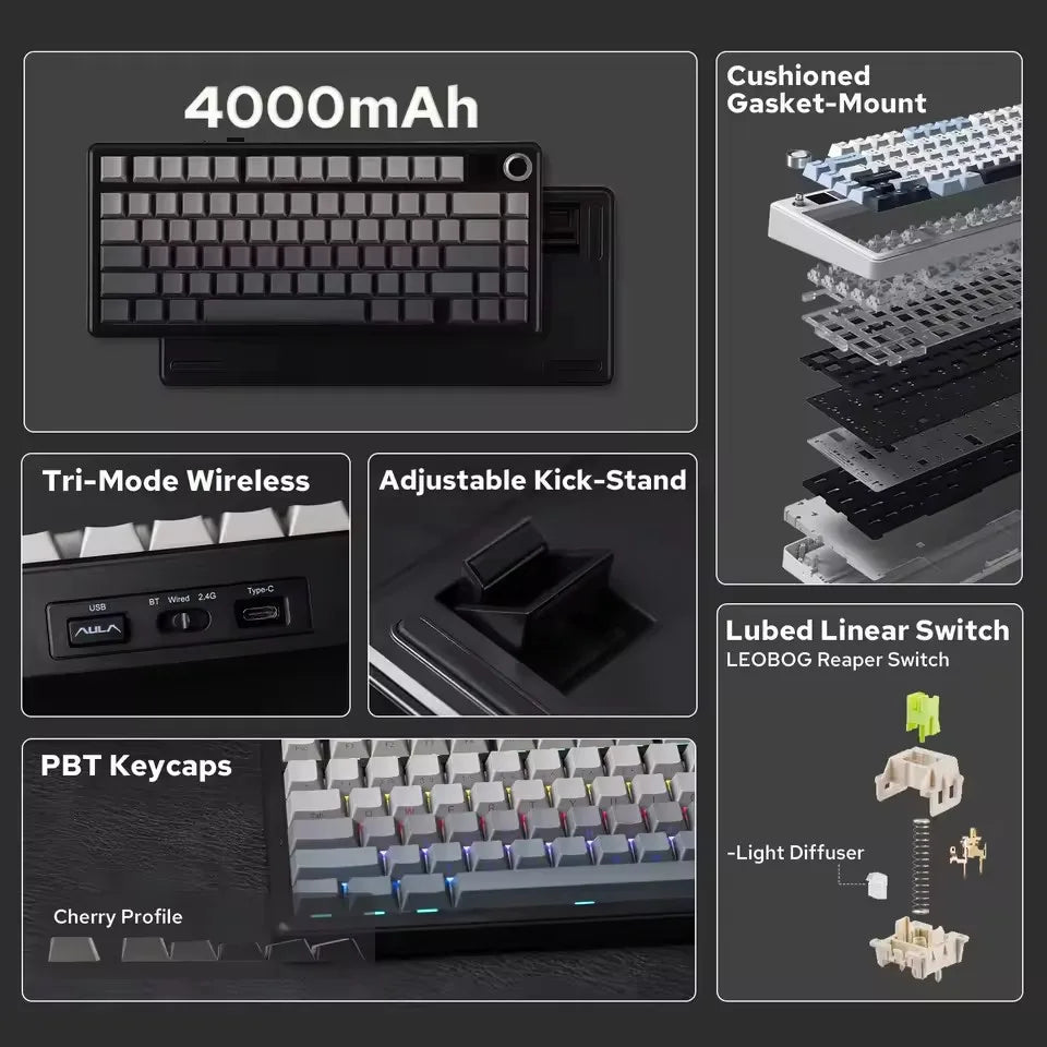 AULA F75 MAX Gaming Mechanical Keyboard 2.4G Wireless/BT/Wired Keyboard Hot-Swap RGB 75% 81 Keys Office Keyboard with TFT Screen
