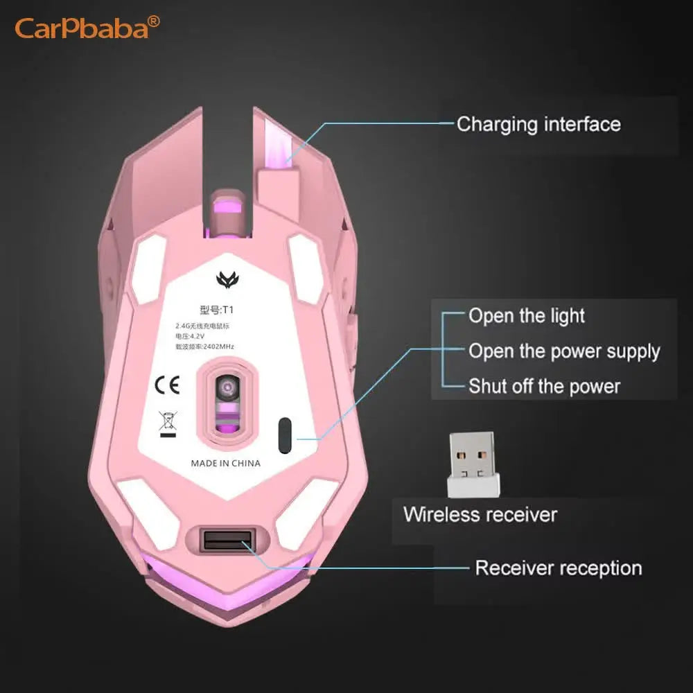 PT1T1 Gaming Pink Mouse Wireless 2.4G Mice Cute Mute Computer Mouse USB Backlight Rechargeable Wireless Mouse For PC IOS Laptop