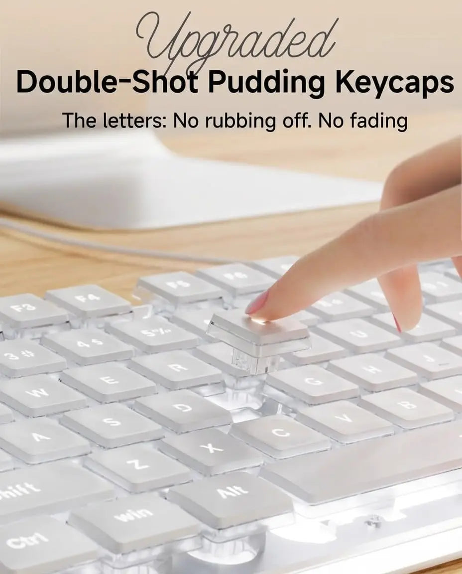 Wired USB Keyboard with White Backlit Metal Panel Pudding Keycaps Full Size Quiet Computer Keyboard for Windows PC Laptop Gamer
