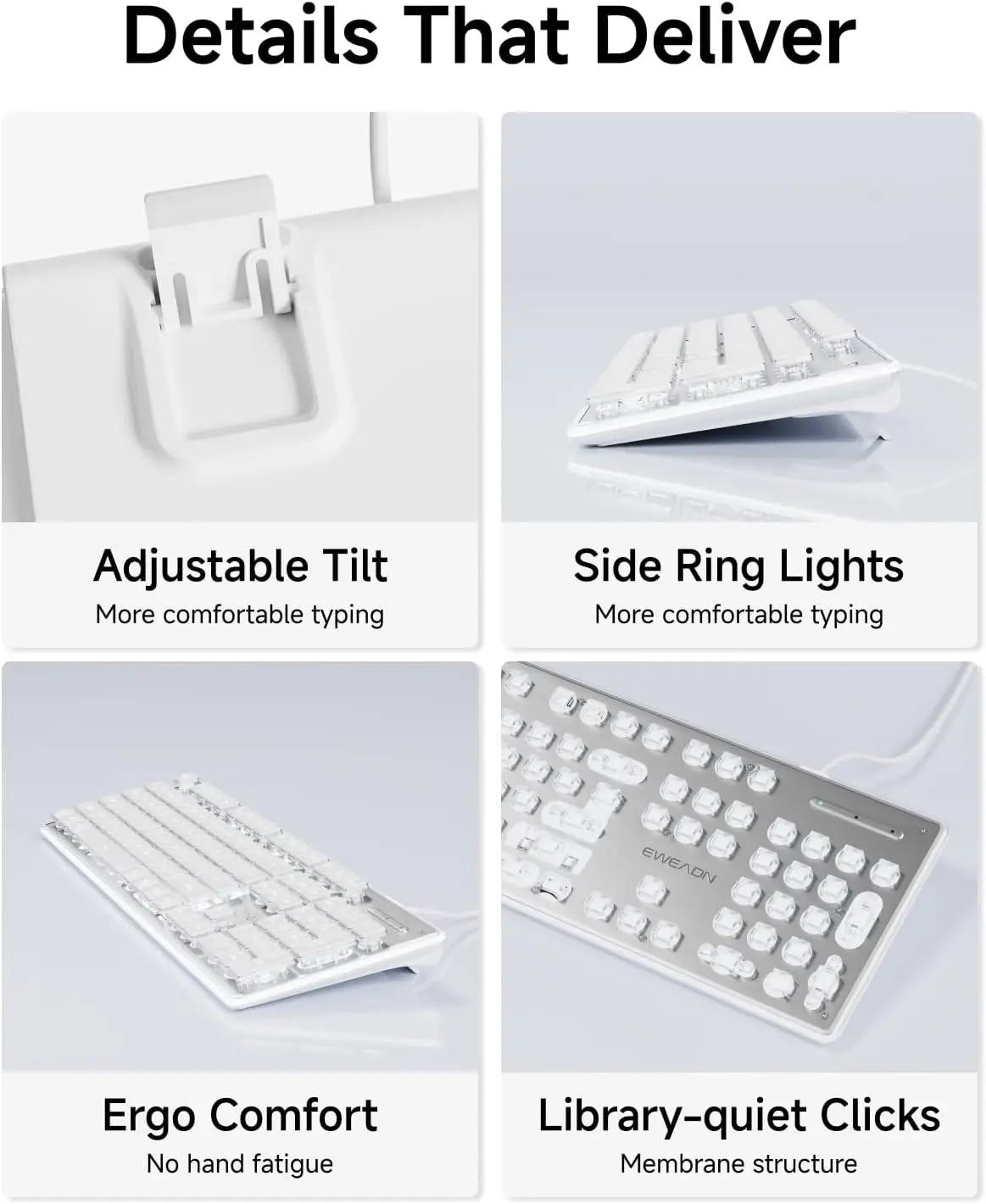 Wired USB Keyboard with White Backlit Metal Panel Pudding Keycaps Full Size Quiet Computer Keyboard for Windows PC Laptop Gamer