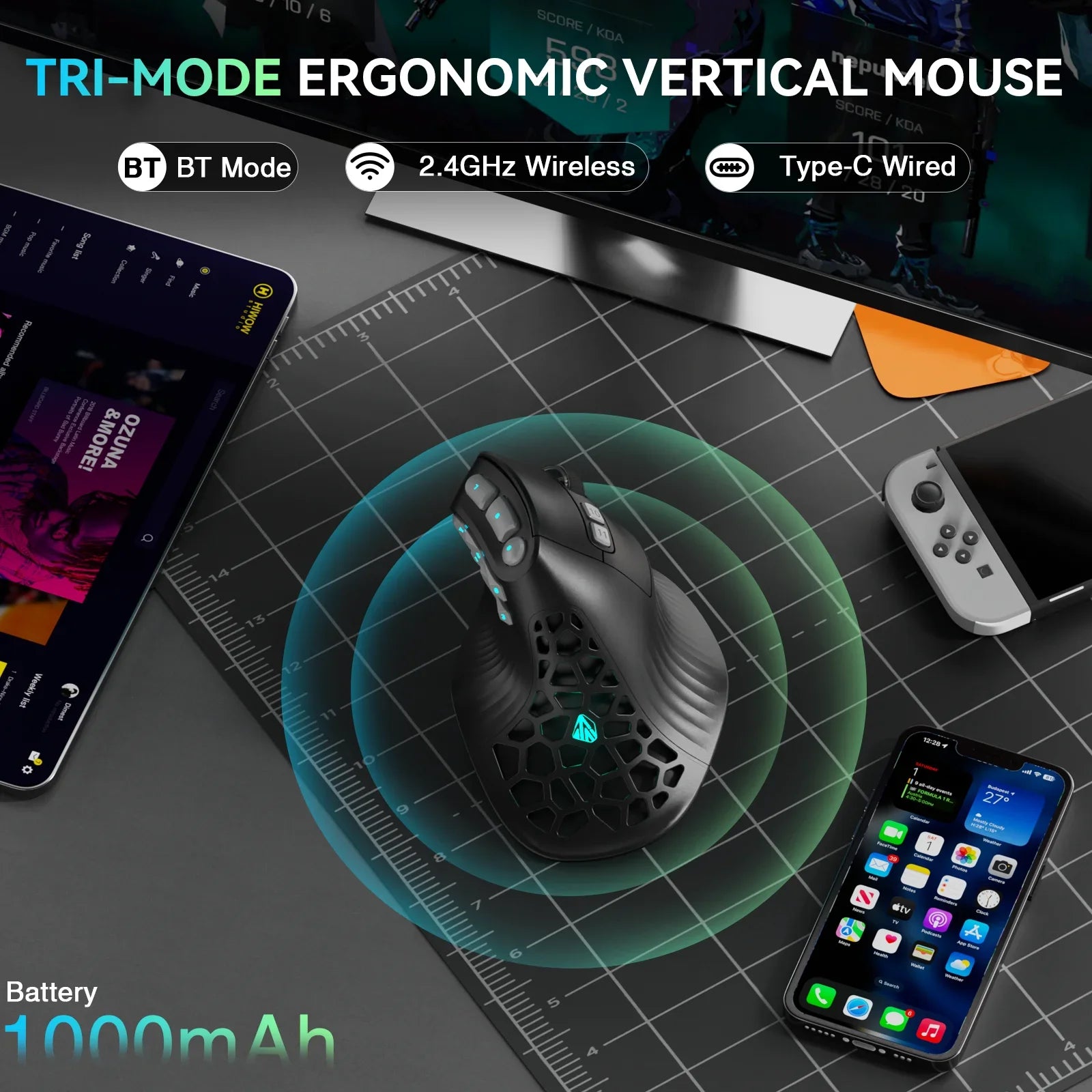 SOLAKAKA E9 Pro MMO Vertical Mouse PAW3395 Sensor 1000mAh Battery 45° Vertical Grip Ergonomic Mouse 8k Gaming Mouse