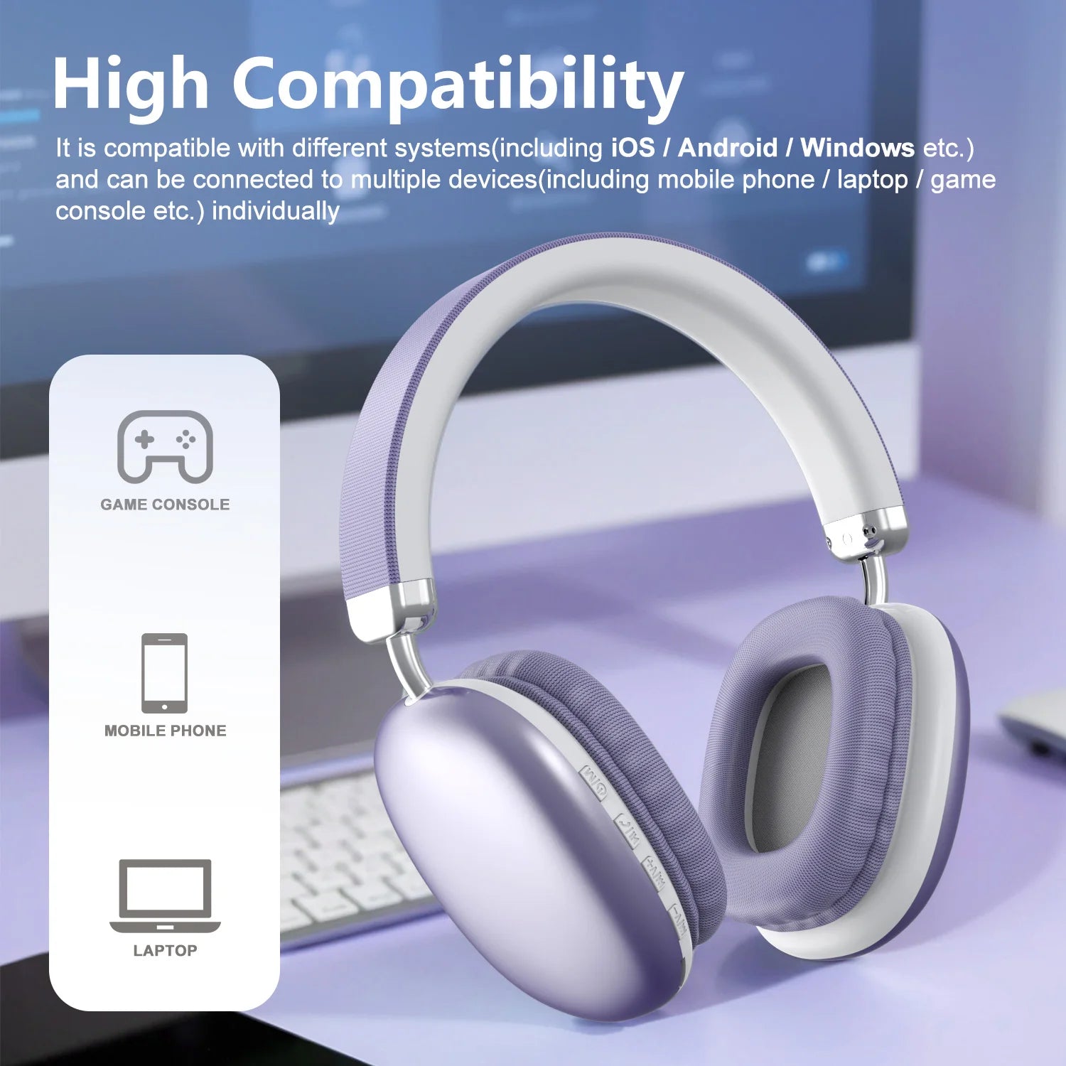 Bluetooth Headphones Over Ear Wireless Headset HiFi Music Gaming Comfortable Mic for iPhone Android PC Travel Sports Gift Purple
