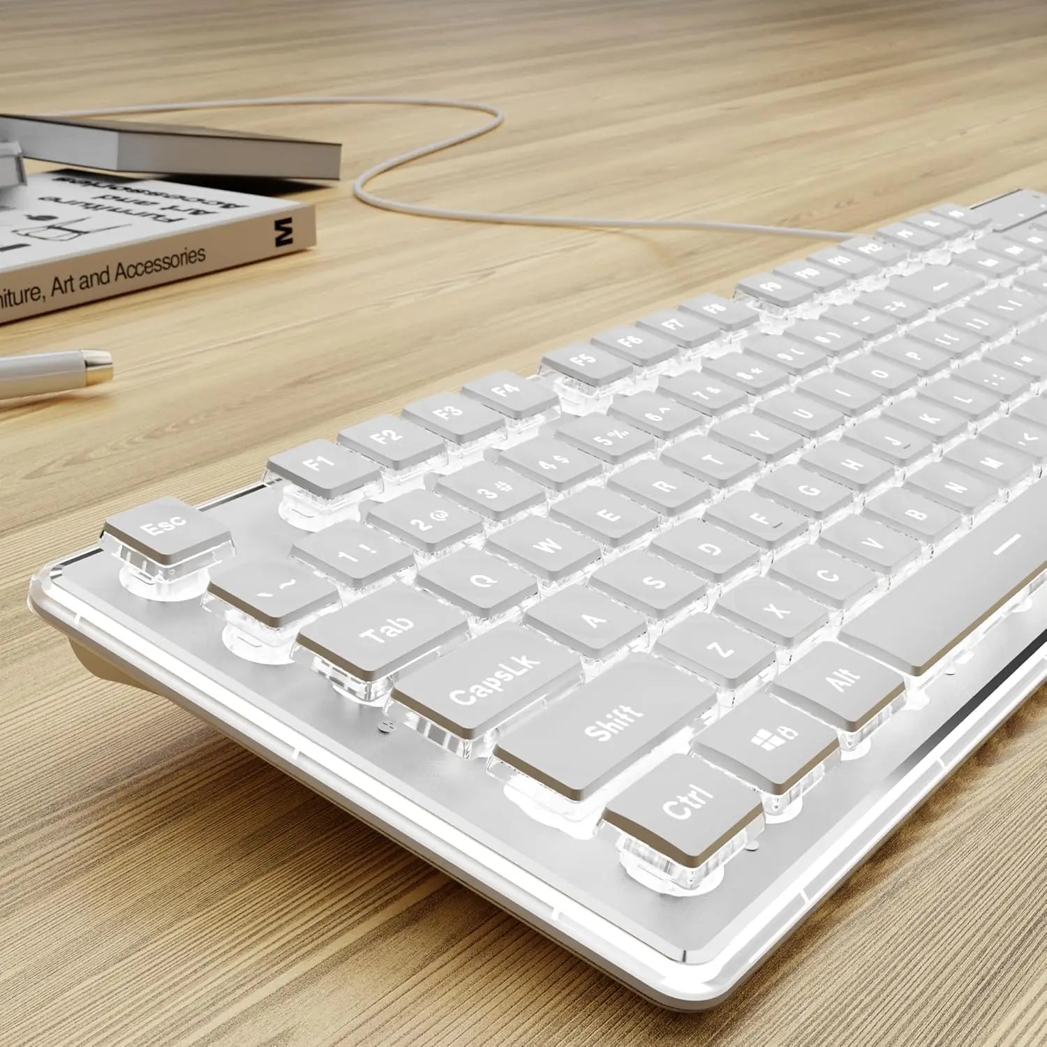 Wired USB Keyboard with White Backlit Metal Panel Pudding Keycaps Full Size Quiet Computer Keyboard for Windows PC Laptop Gamer