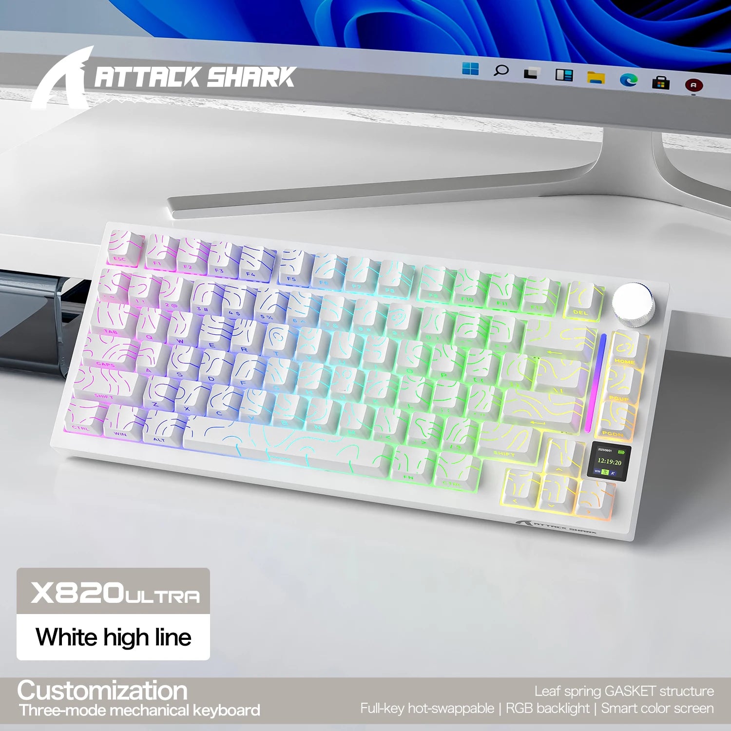ATTACK SHARK X820 Ultra 75% Gasket-Mounte Wireless Mechanical Keyboard, Bluetooth/2.4G Wireless/Wired Mechanical Keyboard