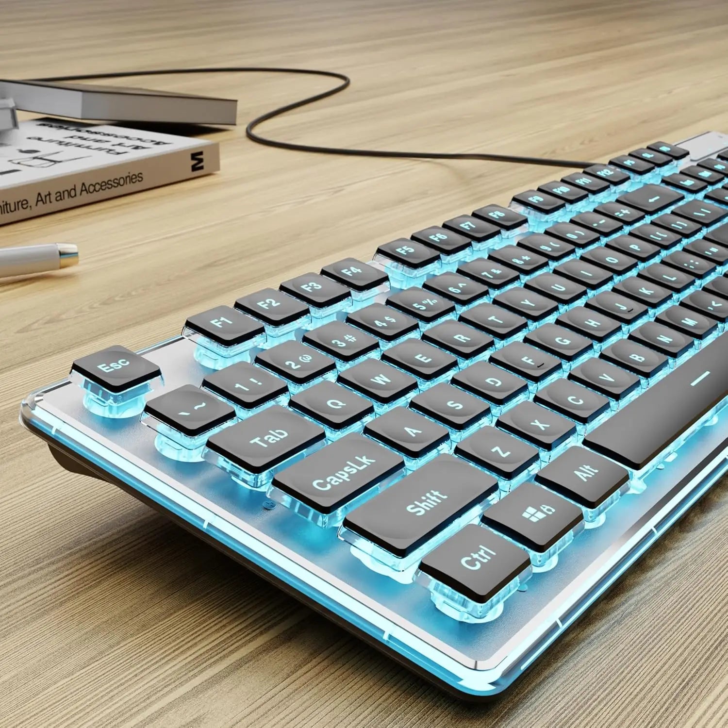 Wired USB Keyboard with White Backlit Metal Panel Pudding Keycaps Full Size Quiet Computer Keyboard for Windows PC Laptop Gamer