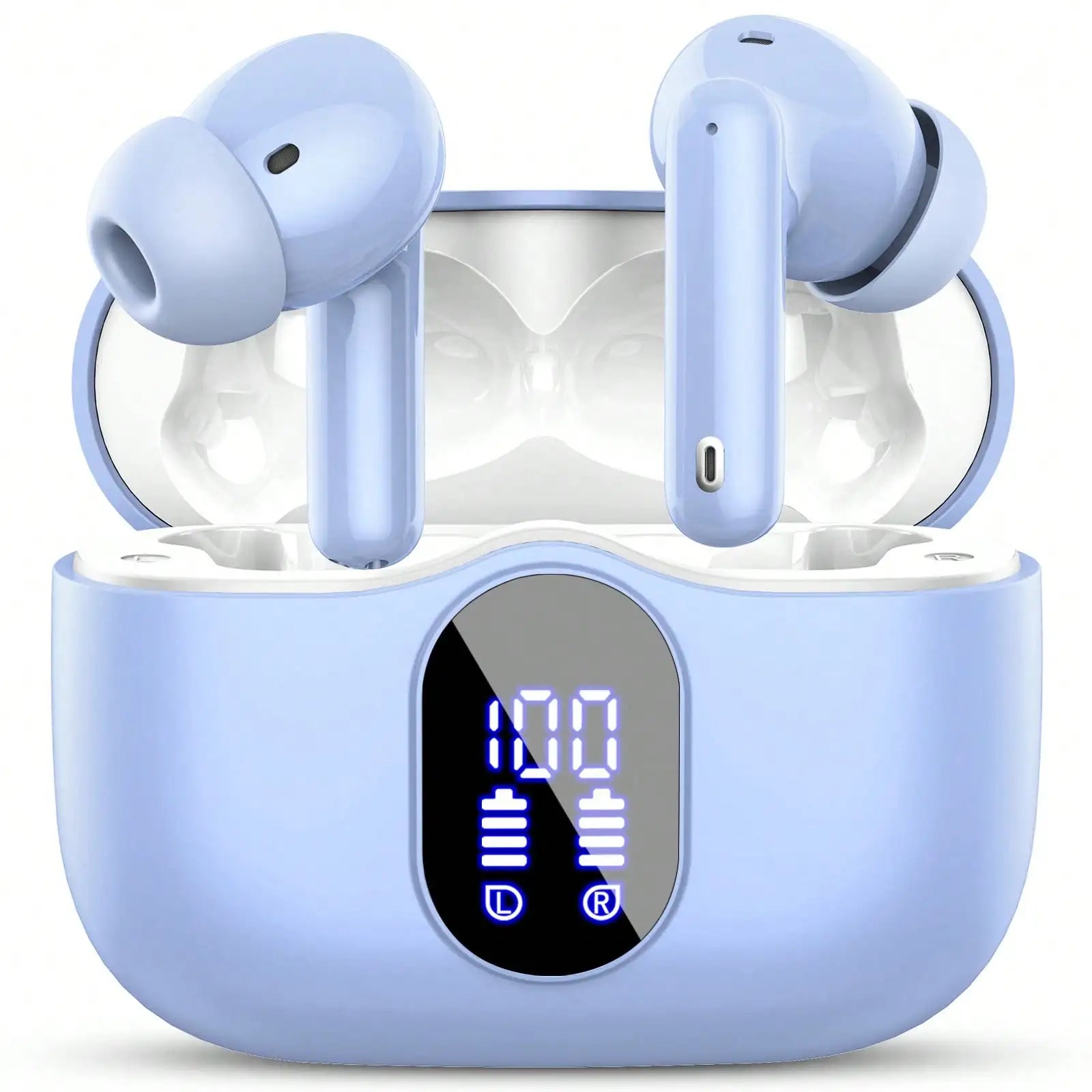 Ordtop Wireless Earbuds, Bluetooth Headphones 48H Playtime Ear Buds With LED Power Display, IPX7 Waterproof Bluetooth 5.4 Earphones In-Ear Earbuds With 4 Mic For Android IOS Cell Phone Laptop, Purple